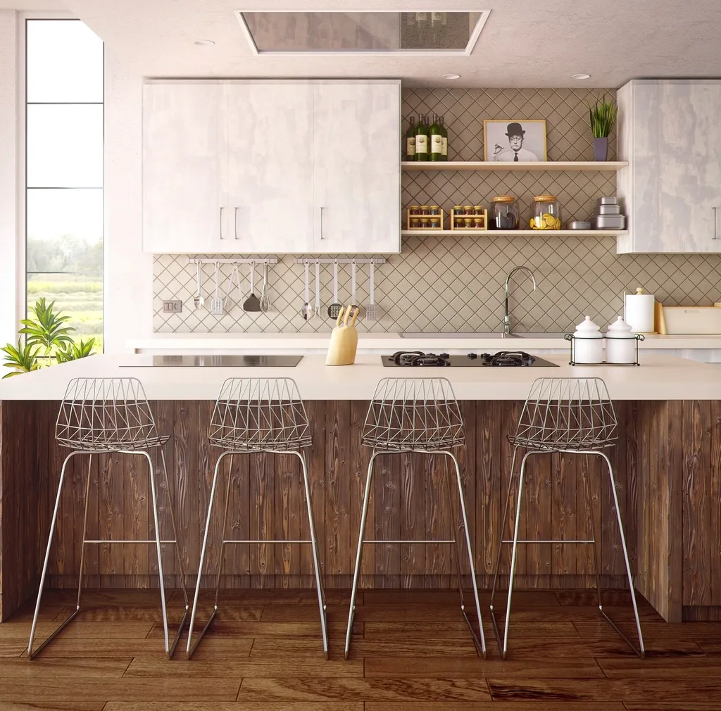 Geometric tile splashback behind the breakfast bar